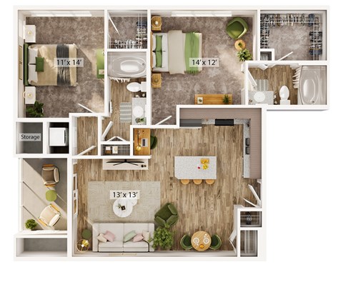 Floor plan for 2 beds, 2 baths, 1076 sqft